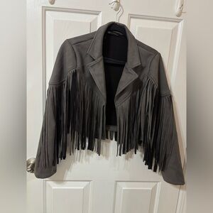 Charcoal Fringe Leather Jacket for Women